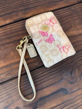 Coach Waverly Pink Butterfly Cream Signature Wristlet